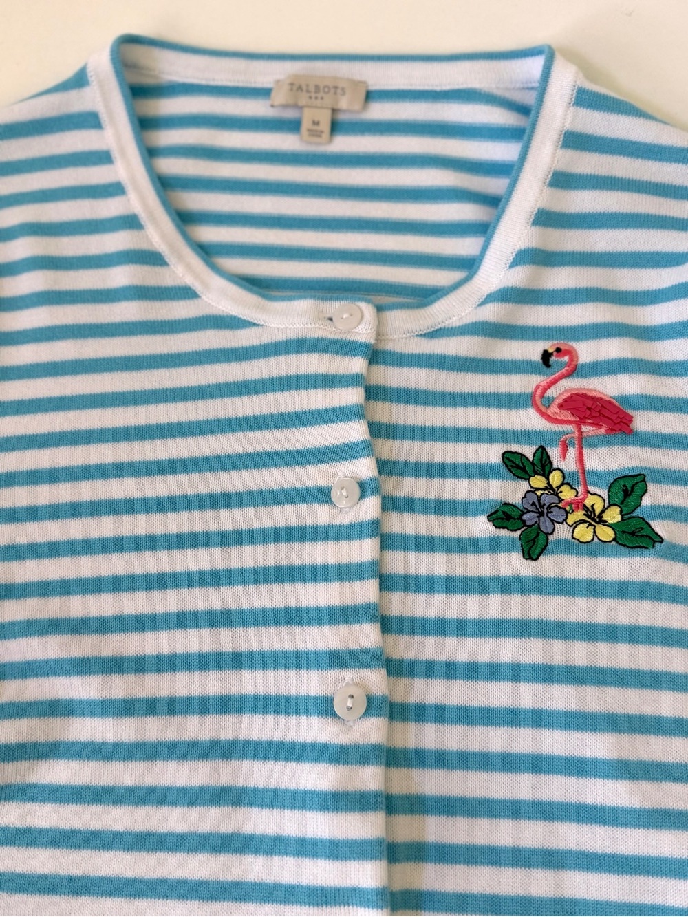 Talbots Blue White Stripe Button Down Sweater Flamingo 3/4 Sleeves Womens Size M - Picture 5 of 9